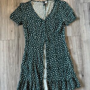 H&M Dark Green Floral Mini Dress with Cream Print